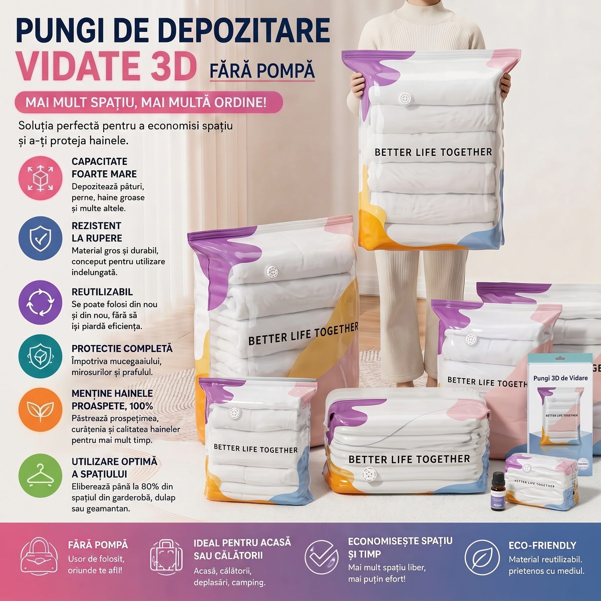 Microcasa · Saci de depozitare vidate 3D fără pompă · Ofertă 1+1